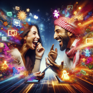 A Hispanic woman and a Middle-Eastern man engaging in a lively video chat conversation with colorful abstract symbols representing their interaction.