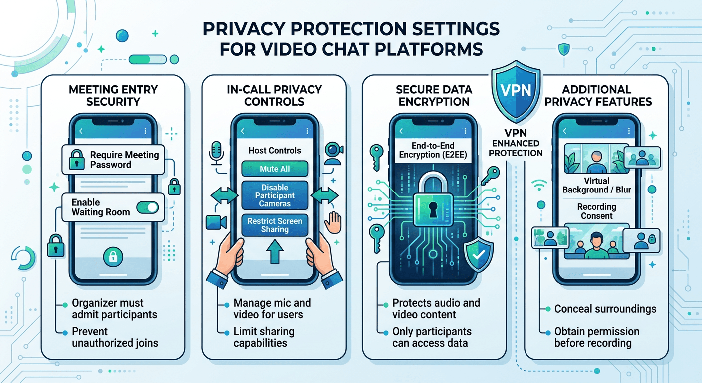 Privacy protection settings diagram showing VPN setup and security controls for video chat platforms