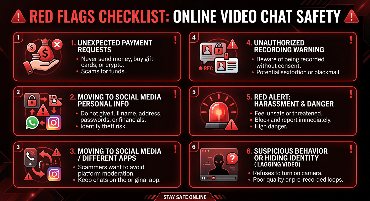 Red flags checklist for online video chat safety with warning signs to watch for