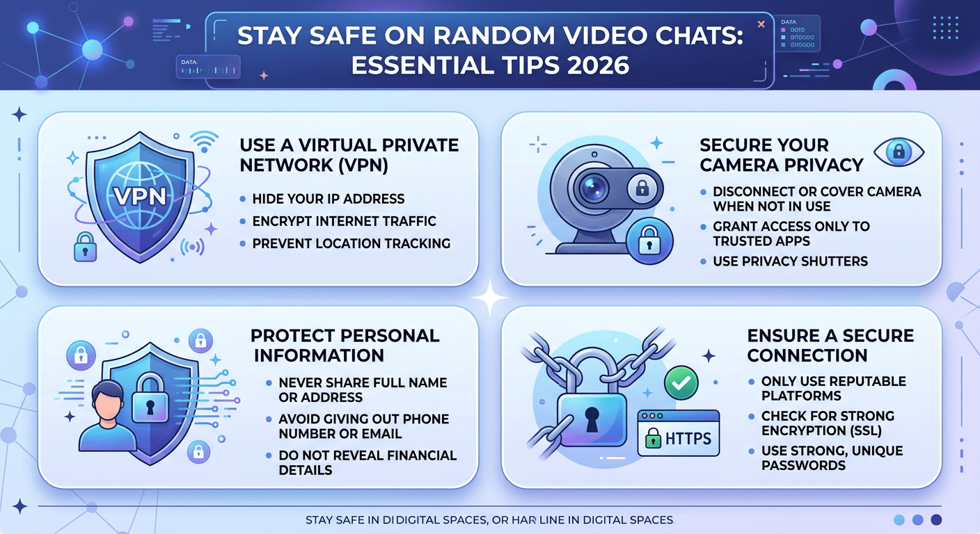 Safety tips infographic for random video chat users in 2026 showing essential protection measures