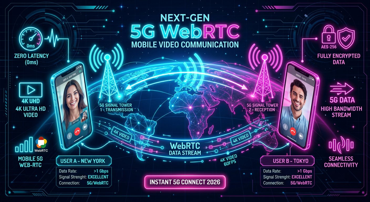 Technical diagram illustrating high speed 5G mobile WebRTC data transmission on adult video chat in 2026