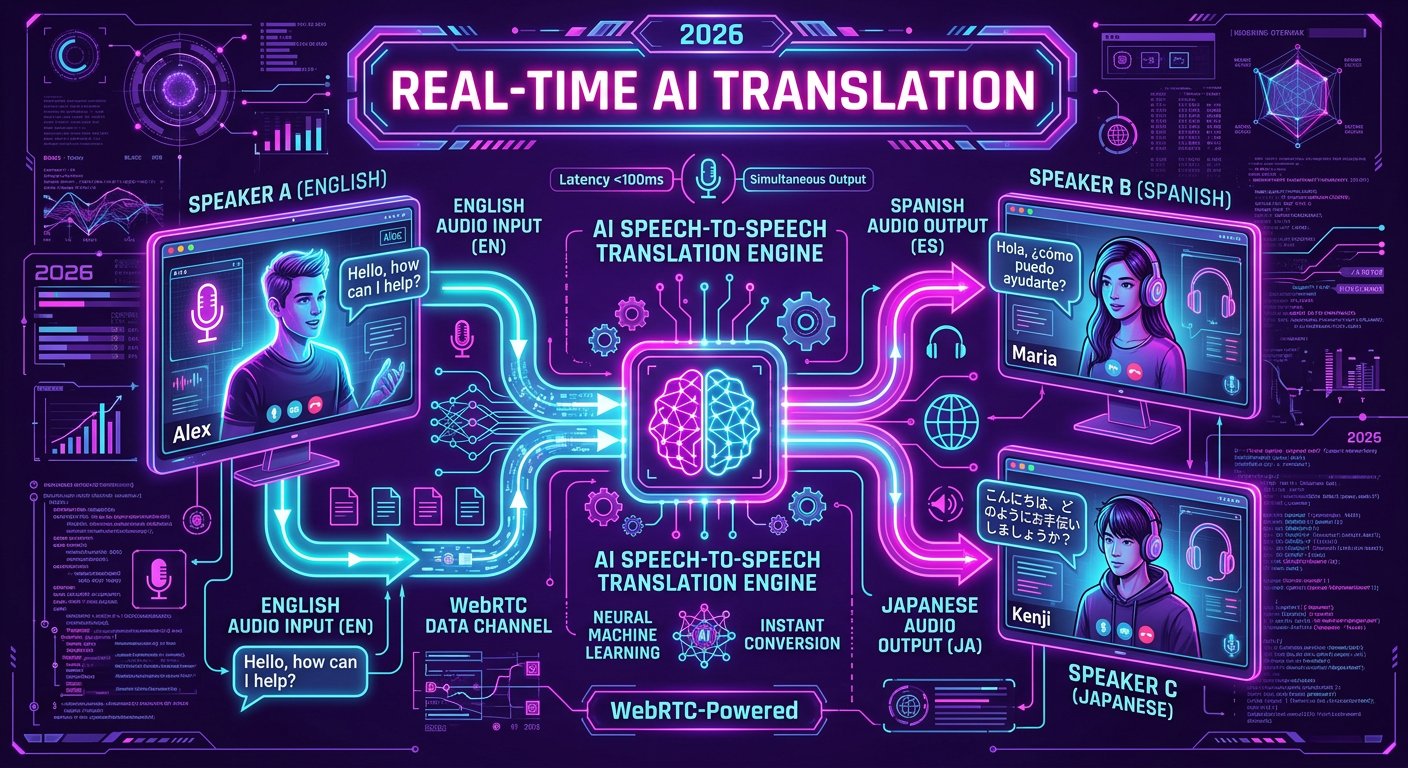 Technical diagram illustrating real time AI speech translation over WebRTC on video chat in 2026