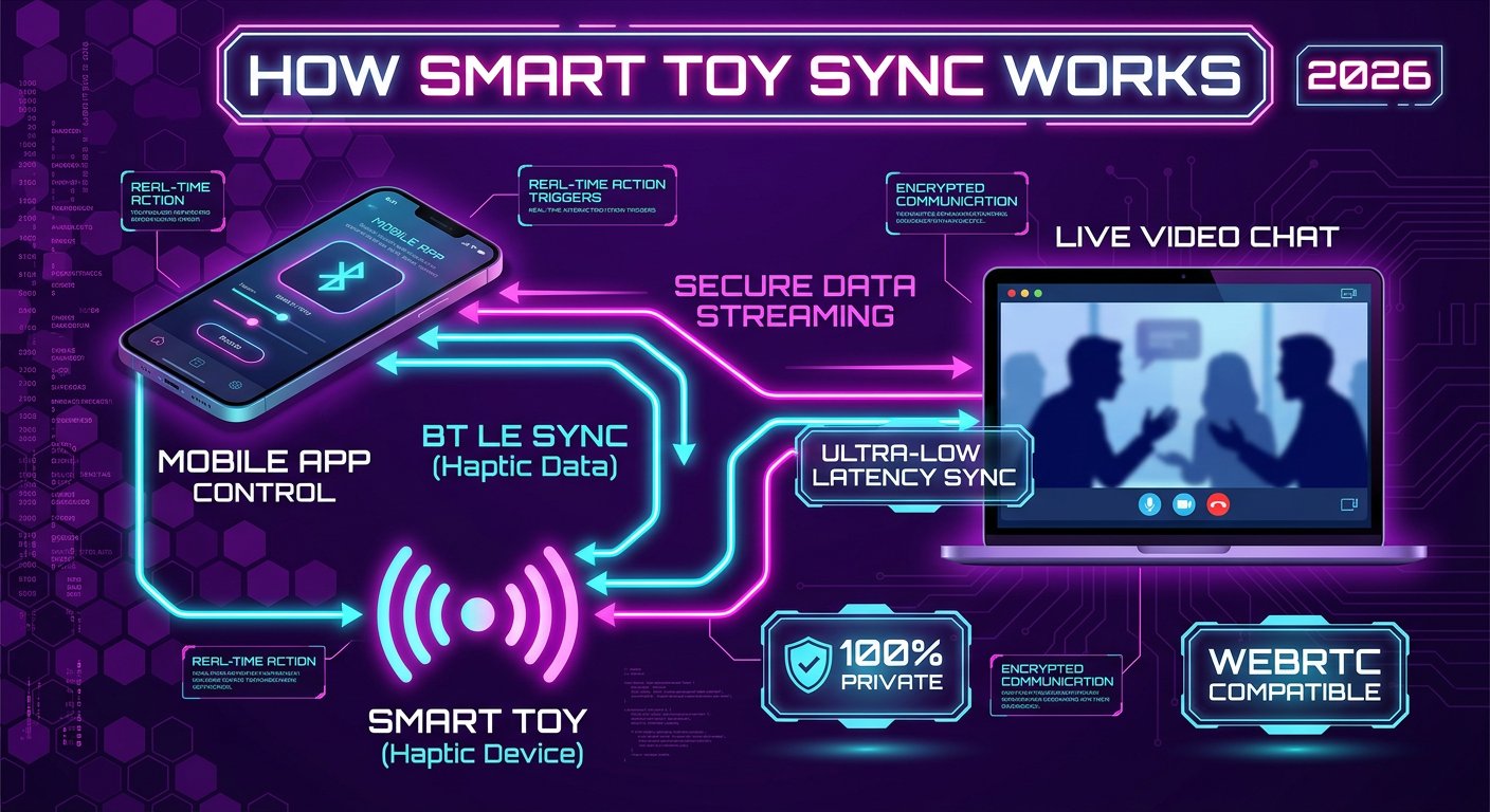 Technical diagram showing Bluetooth smart toy synchronization over live WebRTC video chat in 2026