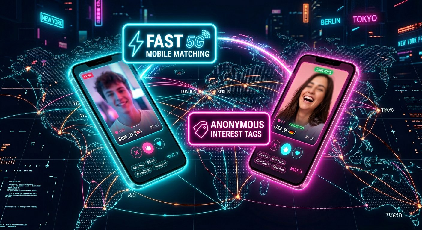 Camsurf mobile swipe video roulette interface with location and interest filtering