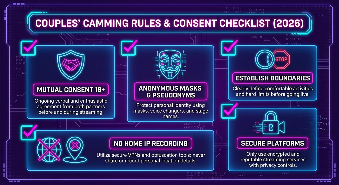 Infographic checklist showing mutual consent and boundary agreements for couples on adult video chat in 2026