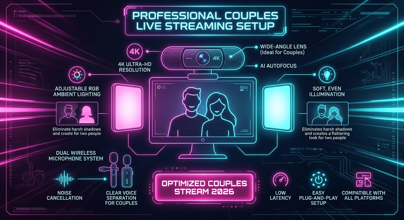 Technical studio setup showing 4K wide angle webcam framing and ambient LED lighting for couples in 2026