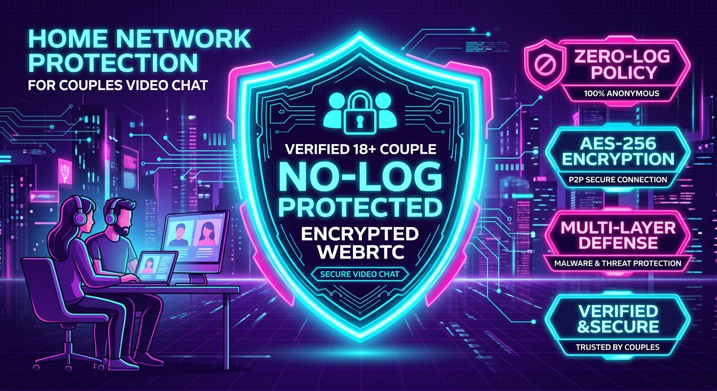 Cybersecurity shield protecting couples home network and IP address during online video chat in 2026