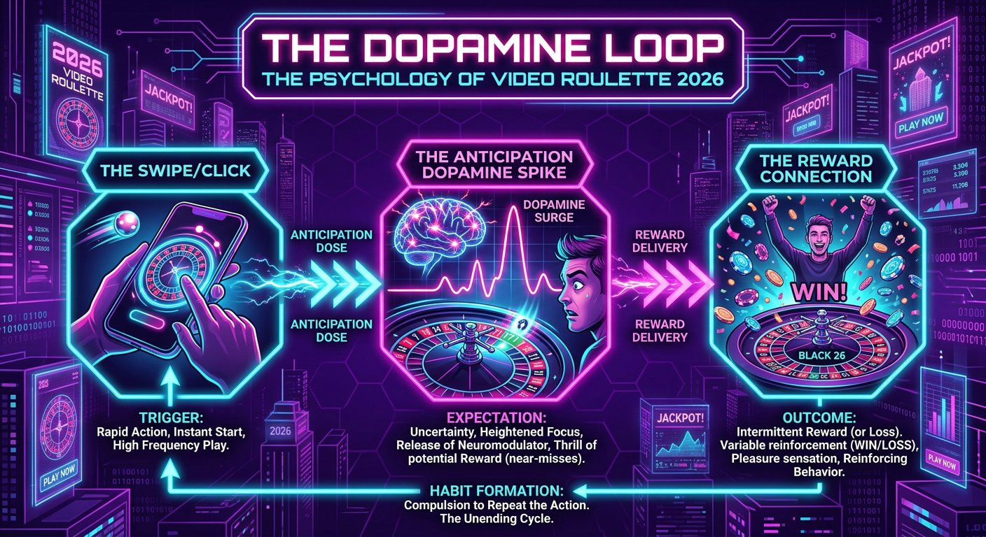 Infographic illustrating the intermittent reward cycle and dopamine loop of random video roulette in 2026
