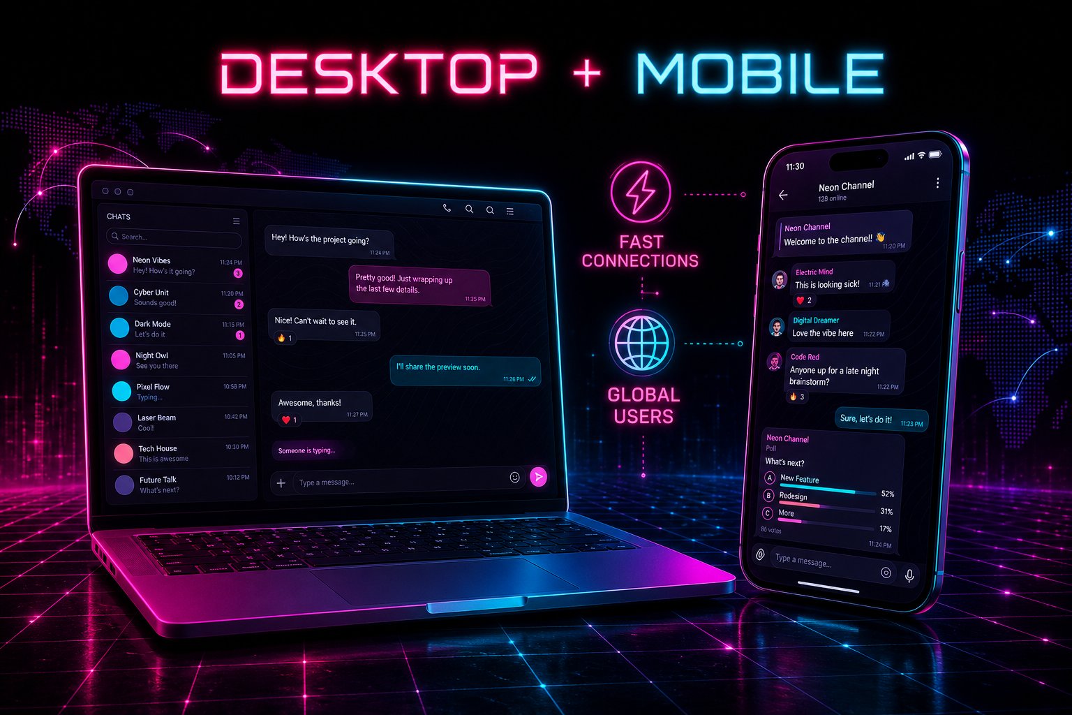 Shagle running on glowing laptop and smartphone with desktop mobile text