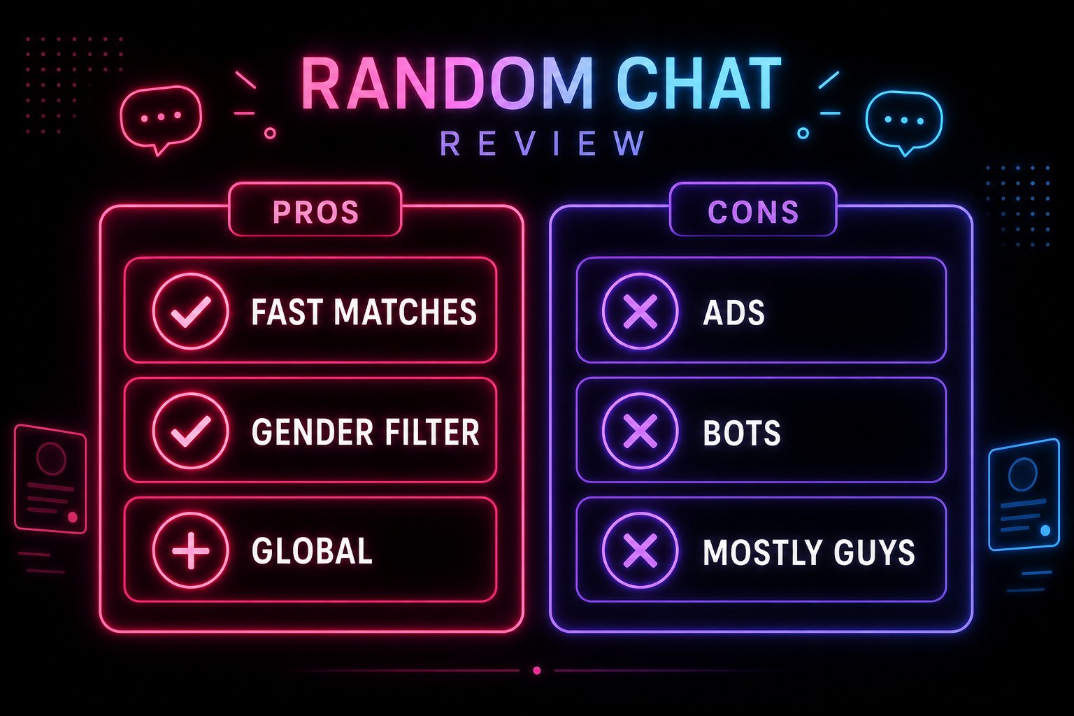 Shagle pros and cons neon infographic with feature labels