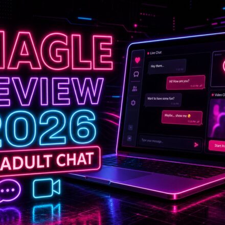 Shagle random video chat review neon hero banner with glowing devices and text