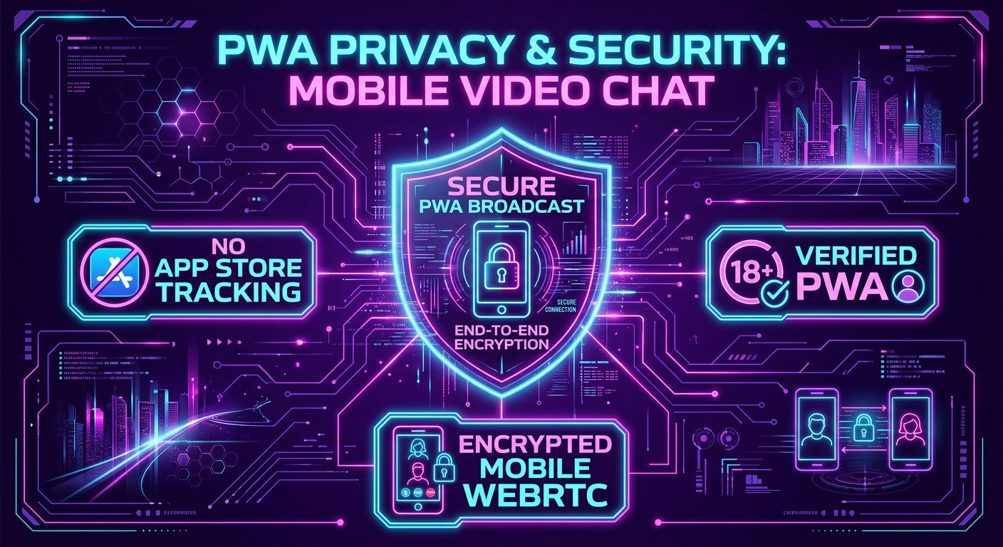 Cybersecurity privacy shield protecting mobile browser Progressive Web Apps during adult video chat in 2026