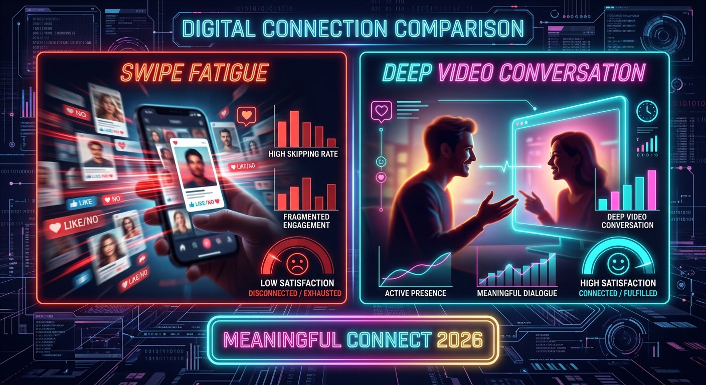 Comparison graphic illustrating swipe fatigue versus high satisfaction deep adult video chat in 2026