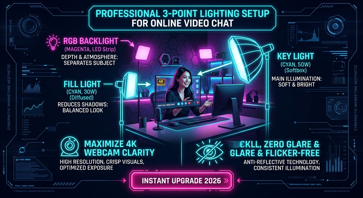 Technical diagram showing professional three point studio lighting for online video chat in 2026
