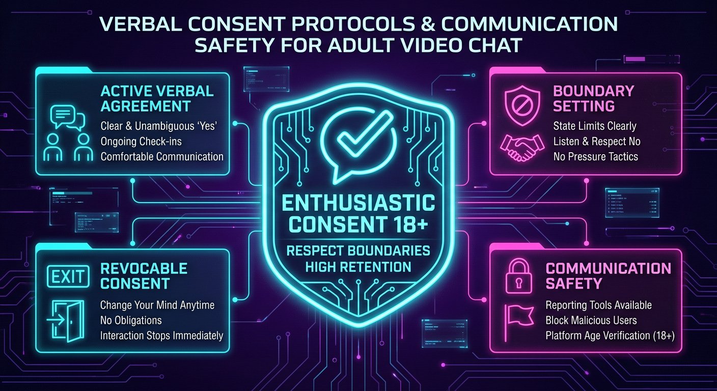 Security badge illustrating enthusiastic verbal consent and communication safety protocols on adult video chat in 2026