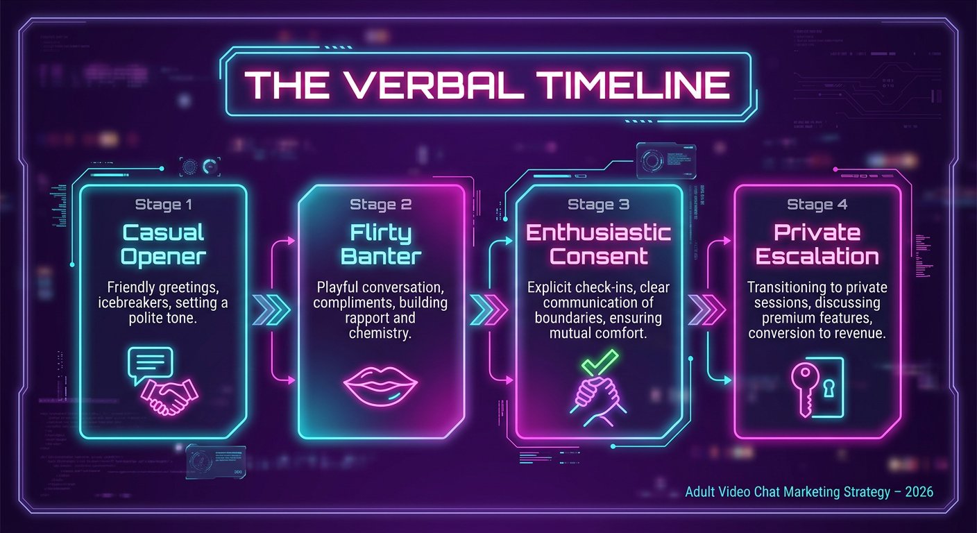 Infographic illustrating the 4 stage verbal escalation timeline for adult webcam flirting in 2026