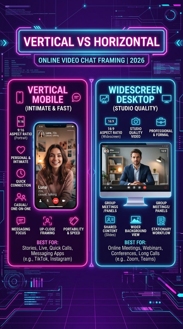 Comparison infographic showing vertical 9:16 mobile webcam framing versus horizontal widescreen desktop setup in 2026