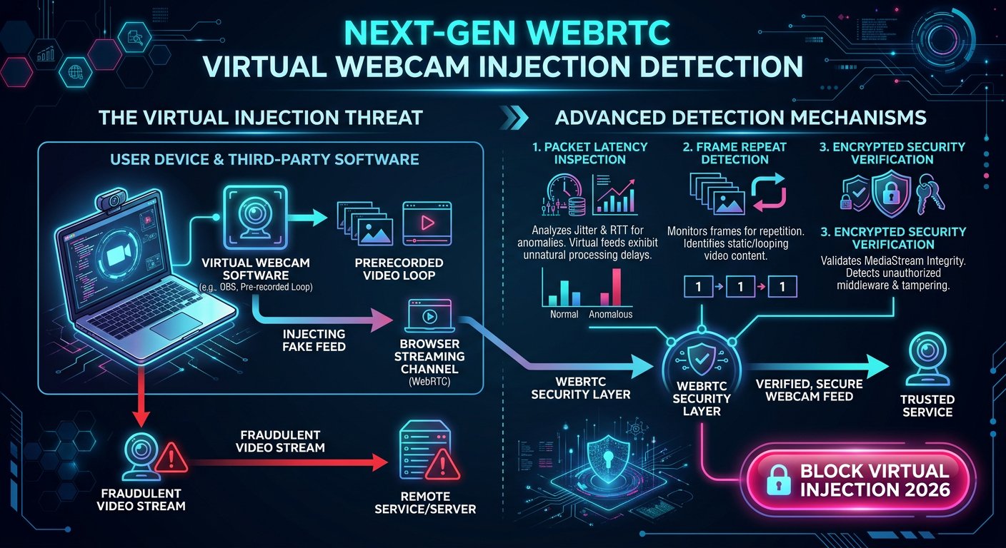 Technical diagram showing WebRTC virtual webcam injection detection on online adult video chat in 2026