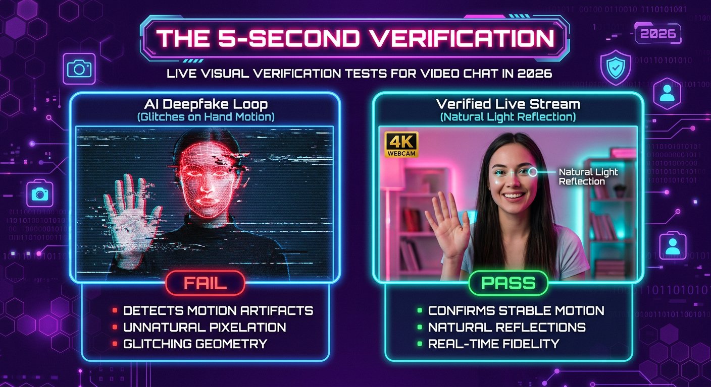 Comparison infographic illustrating live visual verification tests against AI deepfake loops on video chat in 2026