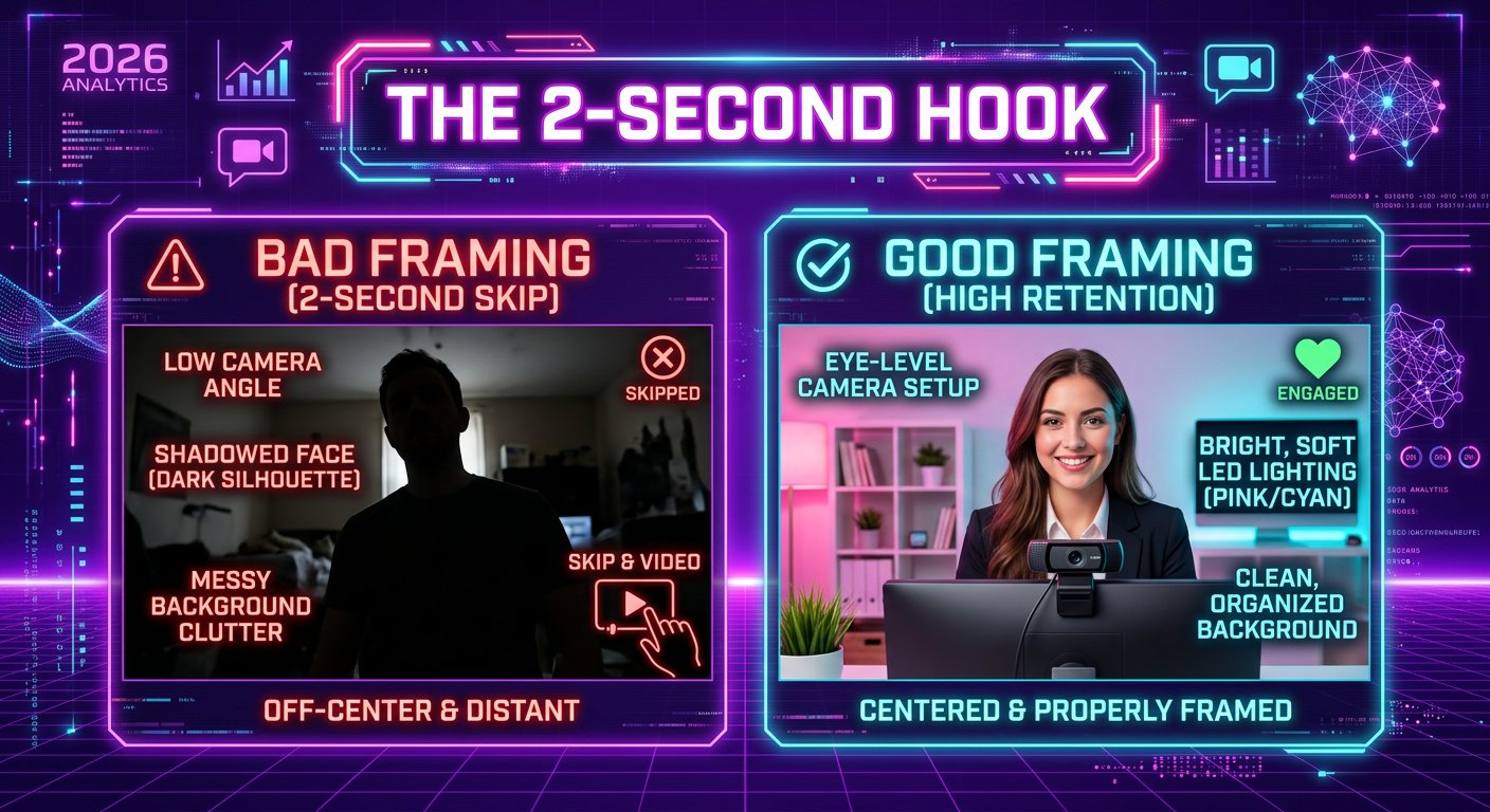 Comparison infographic showing bad low angle webcam framing versus professional high retention setup in 2026
